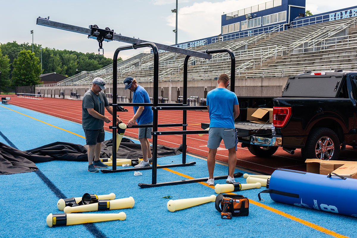 The new Rogers PowerBlast blocking sled set up on the Cambridge practice field