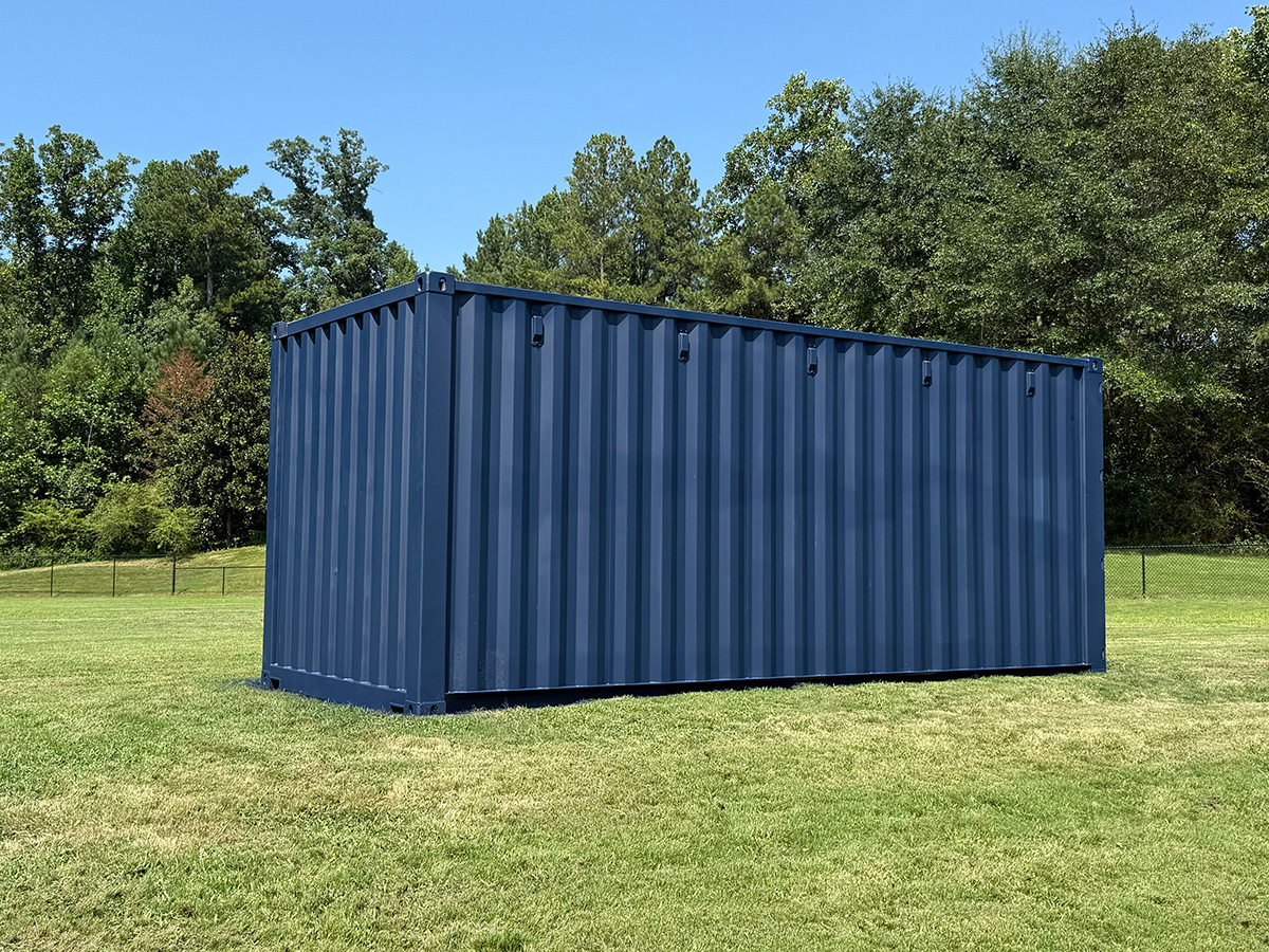 Storage container repainted Bear blue for the Cambridge Bears